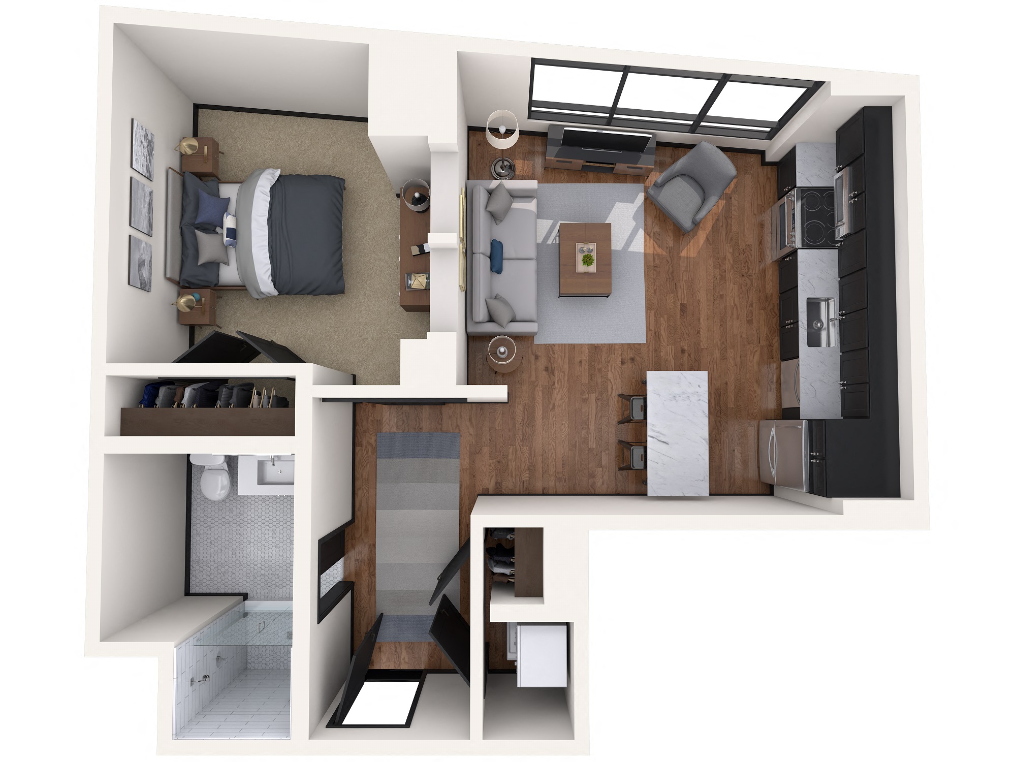 Floor plan for 1 bed, 1 bath, 607 sqft